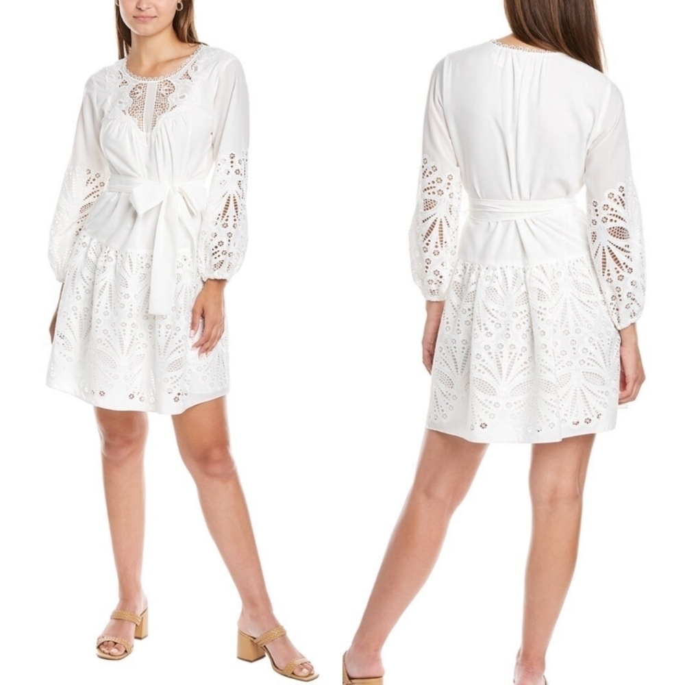 Shoshanna Ashford Round Neck Puff Sleeve Mini Dress Women's 2 White Sparkle 5